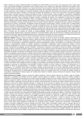 TRIBUNAL SUPERIOR DO TRABALHO 25
Público. Auxiliares da Justiça. A Advocacia Pública. Prerrogativas da Fazenda Pública em juízo. Fatos e atos processuais. Forma. Tempo. Lugar.
Prazos. Comunicações. Nulidades. Procedimento comum. Aspectos Gerais. Fases. Petição inicial. Requisitos. Indeferimento da petição inicial e
improcedência liminar do pedido. Resposta do réu. Impulso processual. Prazos e preclusão. Prescrição. Inércia processual: contumácia e revelia.
Formação, suspensão e extinção do processo. Contestação. Reconvenção. Das Providências preliminares e do Saneamento. Julgamento conforme
o estado do processo. Provas. Audiências. Conciliação e Mediação. Instrução e julgamento. Distribuição do ônus da prova. Fatos que independem
de prova. Depoimento pessoal. Confissão. Prova documental. Exibição de documentos ou coisas. Prova testemunhal. Prova pericial. Inspeção
judicial. Exame e valoração da prova. Produção Antecipada de Provas. Da Tutela Provisória: Tutelas de Urgência e de Evidência. Fungibilidade.
Princípios Gerais. Protesto, notificação e interpelação. Arresto. Sequestro. Caução. Busca e Apreensão. Exibição. Justificação. Sentença. Conceito.
Classificações. Requisitos. Efeitos. Publicação, intimação, correção e integração da sentença. Do cumprimento da Sentença. Coisa julgada.
Conceito. Espécies. Limites. Remessa Necessária. Meios de impugnação à sentença. Ação rescisória. Recursos. Disposições Gerais. Apelação.
Agravos. Embargos de Declaração. Embargos de Divergência. Recurso Ordinário. Recurso Especial. Recurso Extraordinário. Recursos nos Tribunais
Superiores. Reclamação e correição. Repercussão geral. Súmula vinculante. Recursos repetitivos. Liquidação de Sentença. Espécies. Procedimento.
Cumprimento da sentença. Procedimento. Impugnação. Processo de Execução. Princípios gerais. Espécies. Execução contra a Fazenda Pública.
Regime de Precatórios. Requisições de Pequeno Valor. Execução de obrigação de fazer e de não fazer. Execução por quantia certa. Embargos de
Terceiros. Exceção de pré-executividade. Remição. Suspensão e extinção do processo de execução. Procedimentos Especiais. Generalidades.
Características. Espécies. Ação de Consignação em Pagamento. Ação Monitória. Ação de Exigir Contas. Ações Possessórias. Restauração de autos.
Ação Popular. Ação Civil Pública. Aspectos processuais. Mandado de Segurança. Mandado de Injunção. Mandado de Segurança Coletivo. Habeas
Data. O Processo Civil nos sistemas de controle da constitucionalidade. Ação Direta de Inconstitucionalidade. Ação Declaratória de
Constitucionalidade. Medida Cautelar. Declaração incidental de inconstitucionalidade. Ações Civis Constitucionais. Arguição de Descumprimento
de Preceito Fundamental. Ação de Improbidade Administrativa. Jurisprudência dominante dos Tribunais Superiores em matéria de Processo Civil
aplicáveis ao novo código de Processual Civil e demais procedimentos previstos em legislação processual específica.
Direito do Trabalho: Princípios e fontes do Direito do Trabalho. Hierarquia das fontes do Direito do Trabalho. Direitos constitucionais dos
trabalhadores (art. 7º da CF/1988). Relação de trabalho e relação de emprego: requisitos e distinção; relações de trabalho lato sensu. Sujeitos do
contrato de trabalho stricto sensu: empregado e empregador: conceito e caracterização; poderes do empregador no contrato de trabalho. Grupo
econômico e sua repercussão nas relações de emprego; da sucessão de empregadores: conceito, caracterização e sua implicação ao contrato de
trabalho; da responsabilidade solidária por créditos trabalhistas; terceirização e flexibilização. Contrato individual de trabalho: conceito,
classificação, modalidades e características. Profissões regulamentadas. Alteração do contrato de trabalho: alteração unilateral e bilateral; o jus
variandi. Transferência do empregado: conceito, limitações e características. Suspensão e interrupção do contrato de trabalho: caracterização,
distinção e reflexos no contrato de trabalho. Hipóteses de suspensão e de interrupção do contrato de trabalho. Rescisão do contrato de trabalho.
Modalidades de rescisão do contrato de trabalho. Aviso prévio: prazo de duração. Estabilidade e garantias provisórias de emprego: espécies de
estabilidade; despedida e reintegração de empregado estável. Duração do trabalho; jornada de trabalho; períodos de descanso; intervalo para
repouso e alimentação; descanso semanal remunerado: base de cálculo; trabalho noturno e trabalho extraordinário; sistema de compensação de
horas. Turnos ininterruptos de revezamento: conceito e implicações no contrato de trabalho. Do teletrabalho (Lei nº13.467/2017). Salário mínimo:
irredutibilidade e garantia. Férias: direito a férias e duração; período concessivo e período aquisitivo de férias; remuneração e abono de férias;
férias coletivas. Salário e remuneração: conceito e distinções; composição do salário; modalidades de salário; formas e meios de pagamento do
salário; adicionais salariais; gorjetas: conceito e natureza jurídica; 13º salário. Equiparação salarial: caracterização, requisitos, excludentes;
princípio da igualdade de salário; desvio e acúmulo de função. FGTS e PIS/PASEP. Prescrição e decadência: conceito, distinção e prazos. Segurança
e medicina no trabalho: CIPA; atividades insalubres ou perigosas: caracterização e remuneração do trabalho insalubre e perigoso; forma de cálculo;
cumulação de adicionais de insalubridade e periculosidade. Proteção ao trabalho do menor; Estatuto da Criança e do Adolescente (Lei nº
8.069/90): do direito da profissionalização e à proteção no trabalho. Proteção ao trabalho da mulher; estabilidade da gestante; licença
maternidade e Lei nº 9.029/95. Direito coletivo do trabalho: liberdade sindical (Convenção nº 87 da OIT); organização sindical: conceito de
categoria; categoria diferenciada; convenções e acordos coletivos de trabalho. Direito de greve; dos serviços essenciais; greve do servidor público.
Comissões de conciliação prévia. Da representação dos empregados. Renúncia e transação. Dano moral nas relações de trabalho. Súmulas da
Jurisprudência uniformizada do Tribunal Superior do Trabalho sobre Direito do Trabalho. Súmulas Vinculantes do Supremo Tribunal Federal
relativas ao Direito do Trabalho.
Direito Processual do Trabalho: Formas de solução de conflitos trabalhistas. Fontes do Direito Processual do Trabalho. Justiça do Trabalho:
organização e competência (EC 45/2004). Varas do Trabalho, tribunais regionais do trabalho e Tribunal Superior do Trabalho: jurisdição e
competência. Composição do Tribunal Superior do Trabalho. Do juiz do Trabalho: poderes do Juiz do Trabalho; impedimento e suspeição. Serviços
auxiliares da justiça do trabalho: secretarias das Varas do Trabalho; distribuidores; oficiais de justiça e oficiais de justiça avaliadores. Ministério
Público do Trabalho: organização. Processo judiciário do trabalho: princípios específicos do processo do trabalho; princípios gerais do processo
aplicáveis ao processo do trabalho (aplicação subsidiária e supletiva do CPC ao processo do trabalho). Atos, termos e prazos processuais.
Distribuição. Custas e emolumentos. Partes e procuradores; jus postulandi; substituição e representação processuais; capacidade postulatória no
processo do trabalho; assistência judiciária; honorários de advogado. Nulidades no processo do trabalho: princípio informador; momento de
arguição, preclusão. Exceções. Audiências: de conciliação, de instrução e de julgamento; notificação das partes; arquivamento do processo; revelia
e confissão. Da prova testemunhal: quantidade de testemunhas e causas de impedimento e suspeição. Prova documental: falsidade documental.
Prova pericial. Honorários periciais: responsabilidade pelo pagamento. Dissídios individuais: forma de reclamação e notificação; reclamação escrita
e verbal; requisitos da petição inicial no processo do trabalho; legitimidade para ajuizar. Procedimento ordinário e sumaríssimo. Procedimentos
especiais: inquérito para apuração de falta grave, homologação de Acordo Extrajudicial, consignação em pagamento, ação monitória, ação
rescisória e mandado de segurança. Sentença e coisa julgada; liquidação da sentença: por cálculo, por artigos e por arbitramento. Dissídios
coletivos: competência para julgamento, legitimidade para propositura, extensão, cumprimento e revisão da sentença normativa; efeito
suspensivo. Da ação civil pública: legitimidade e cabimento no processo do trabalho. Execução: iniciativa da execução; do incidente de
desconsideração da personalidade jurídica; execução provisória; execução por prestações sucessivas; execução contra a fazenda pública; execução
contra a massa falida. Citação; depósito da condenação e da nomeação de bens; mandado e penhora; bens penhoráveis e impenhoráveis.
Embargos à execução; impugnação à sentença; embargos de terceiro. Praça e leilão; arrematação; remição; custas na execução. Recursos no
processo do trabalho: princípios gerais, prazos, pressupostos, requisitos e efeitos; recursos em espécie: recurso ordinário, agravo de petição,
agravo de instrumento, recurso de revista, embargos no TST, embargos de declaração, embargos infringentes e agravo regimental. Reclamação
Correcional. Do incidente de uniformização de jurisprudência. Do Incidente de Recursos de Revista e Embargos Repetitivos (IN 38/TST). Do
Processo Judicial Eletrônico: peculiaridades, características e prazos; normas aplicáveis ao processo judicial eletrônico. Súmulas da Jurisprudência
 