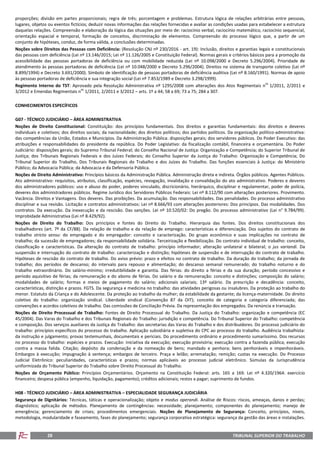 TRIBUNAL SUPERIOR DO TRABALHO28
proporções; divisão em partes proporcionais; regra de três; porcentagem e problemas. Estrutura lógica de relações arbitrárias entre pessoas,
lugares, objetos ou eventos fictícios; deduzir novas informações das relações fornecidas e avaliar as condições usadas para estabelecer a estrutura
daquelas relações. Compreensão e elaboração da lógica das situações por meio de: raciocínio verbal, raciocínio matemático, raciocínio sequencial,
orientação espacial e temporal, formação de conceitos, discriminação de elementos. Compreensão do processo lógico que, a partir de um
conjunto de hipóteses, conduz, de forma válida, a conclusões determinadas.
Noções sobre Direitos das Pessoas com Deficiência: (Resolução CNJ nº 230/2016 - art. 19): Inclusão, direitos e garantias legais e constitucionais
das pessoas com deficiência (Lei nº 13.146/2015; Lei nº 11.126/2005 e Constituição Federal). Normas gerais e critérios básicos para a promoção da
acessibilidade das pessoas portadoras de deficiência ou com mobilidade reduzida (Lei nº 10.098/2000 e Decreto 5.296/2004). Prioridade de
atendimento às pessoas portadoras de deficiência (Lei nº 10.048/2000 e Decreto 5.296/2004). Direitos no sistema de transporte coletivo (Lei nº
8.899/1994) e Decreto 3.691/2000). Símbolo de identificação de pessoas portadoras de deficiência auditiva (Lei nº 8.160/1991). Normas de apoio
às pessoas portadoras de deficiência e sua integração social (Lei nº 7.853/1989 e Decreto 3.298/1999).
Regimento Interno do TST: Aprovado pela Resolução Administrativa nº 1295/2008 com alterações dos Atos Regimentais n
os
1/2011, 2/2011 e
3/2012 e Emendas Regimentais n
os
1/2011, 2/2011 e 3/2012 – arts. 1º a 44; 58 a 69; 73 a 75; 284 a 307.
CONHECIMENTOS ESPECÍFICOS
G07 - TÉCNICO JUDICIÁRIO – ÁREA ADMINISTRATIVA
Noções de Direito Constitucional: Constituição: dos princípios fundamentais. Dos direitos e garantias fundamentais: dos direitos e deveres
individuais e coletivos; dos direitos sociais; da nacionalidade; dos direitos políticos; dos partidos políticos. Da organização político-administrativa:
das competências da União, Estados e Municípios. Da Administração Pública: disposições gerais; dos servidores públicos. Do Poder Executivo: das
atribuições e responsabilidades do presidente da república. Do Poder Legislativo: da fiscalização contábil, financeira e orçamentária. Do Poder
Judiciário: disposições gerais; do Supremo Tribunal Federal; do Conselho Nacional de Justiça: Organização e Competência; do Superior Tribunal de
Justiça; dos Tribunais Regionais Federais e dos Juízes Federais; do Conselho Superior da Justiça do Trabalho: Organização e Competência; Do
Tribunal Superior do Trabalho, Dos Tribunais Regionais do Trabalho e dos Juízes do Trabalho. Das funções essenciais à Justiça: do Ministério
Público; da Advocacia Pública; da Advocacia e da Defensoria Pública.
Noções de Direito Administrativo: Princípios básicos da Administração Pública. Administração direta e indireta. Órgãos públicos. Agentes Públicos.
Ato administrativo: requisitos, atributos, classificação, espécies, revogação, invalidação e convalidação do ato administrativo. Poderes e deveres
dos administradores públicos: uso e abuso do poder, poderes vinculado, discricionário, hierárquico, disciplinar e regulamentar, poder de polícia,
deveres dos administradores públicos. Regime Jurídico dos Servidores Públicos Federais: Lei nº 8.112/90 com alterações posteriores. Provimento.
Vacância. Direitos e Vantagens. Dos deveres. Das proibições. Da acumulação. Das responsabilidades. Das penalidades. Do processo administrativo
disciplinar e sua revisão. Licitação e contratos administrativos: Lei nº 8.666/93 com alterações posteriores: Dos princípios. Das modalidades. Dos
contratos. Da execução. Da inexecução e da rescisão. Das sanções. Lei nº 10.520/02: Do pregão. Do processo administrativo (Lei n° 9.784/99).
Improbidade Administrativa (Lei nº 8.429/92).
Noções de Direito do Trabalho: Dos princípios e fontes do Direito do Trabalho. Hierarquia das fontes. Dos direitos constitucionais dos
trabalhadores (art. 7º da CF/88). Da relação de trabalho e da relação de emprego: características e diferenciação. Dos sujeitos do contrato de
trabalho stricto sensu: do empregado e do empregador: conceito e caracterização. Do grupo econômico e suas implicações no contrato de
trabalho; da sucessão de empregadores; da responsabilidade solidária. Terceirização e flexibilização. Do contrato individual de trabalho: conceito,
classificação e características. Da alteração do contrato de trabalho: princípio informador; alteração unilateral e bilateral; o jus variandi. Da
suspensão e interrupção do contrato de trabalho: caracterização e distinção; hipóteses de suspensão e de interrupção do contrato de trabalho.
Hipóteses de rescisão do contrato de trabalho. Do aviso prévio: prazo e efeitos no contrato de trabalho. Da duração do trabalho; da jornada de
trabalho; dos períodos de descanso; do intervalo para repouso e alimentação; do descanso semanal remunerado; do trabalho noturno e do
trabalho extraordinário. Do salário-mínimo; irredutibilidade e garantia. Das férias: do direito a férias e da sua duração; período concessivo e
período aquisitivo de férias; da remuneração e do abono de férias. Do salário e da remuneração: conceito e distinções; composição do salário;
modalidades de salário; formas e meios de pagamento do salário; adicionais salariais; 13º salário. Da prescrição e decadência: conceito,
características, distinção e prazos. FGTS. Da segurança e medicina no trabalho: das atividades perigosas ou insalubres. Da proteção ao trabalho do
menor. Estatuto da Criança e do Adolescente. Da proteção ao trabalho da mulher; da estabilidade da gestante; da licença-maternidade. Do direito
coletivo do trabalho: organização sindical. Liberdade sindical (Convenção 87 da OIT); conceito de categoria e categoria diferenciada; das
convenções e acordos coletivos de trabalho. Das comissões de Conciliação Prévia. Da representação dos empregados. Da renúncia e transação.
Noções de Direito Processual de Trabalho: Fontes de Direito Processual do Trabalho. Da Justiça do Trabalho: organização e competência (EC
45/2004). Das Varas do Trabalho e dos Tribunais Regionais do Trabalho: jurisdição e competência. Do Tribunal Superior do Trabalho: competência
e composição. Dos serviços auxiliares da Justiça do Trabalho: das secretarias das Varas do Trabalho e dos distribuidores. Do processo judiciário do
trabalho: princípios específicos do processo do trabalho. Aplicação subsidiária e supletiva do CPC ao processo do trabalho. Audiência trabalhista:
da instrução e julgamento; provas testemunhais, documentais e periciais. Do procedimento ordinário e procedimento sumaríssimo. Dos recursos
no processo do trabalho: espécies e prazos. Execução: iniciativa da execução; execução provisória; execução contra a fazenda pública; execução
contra a massa falida. Citação; depósito da condenação e da nomeação de bens; mandado e penhora; bens penhoráveis e impenhoráveis.
Embargos à execução; impugnação à sentença; embargos de terceiro. Praça e leilão; arrematação; remição; custas na execução. Do Processo
Judicial Eletrônico: peculiaridades, características e prazos; normas aplicáveis ao processo judicial eletrônico. Súmulas da Jurisprudência
uniformizada do Tribunal Superior do Trabalho sobre Direito Processual do Trabalho.
Noções de Orçamento Público: Princípios Orçamentários. Orçamento na Constituição Federal: arts. 165 a 169. Lei nº 4.320/1964: exercício
financeiro; despesa pública (empenho, liquidação, pagamento); créditos adicionais; restos a pagar; suprimento de fundos.
H08 - TÉCNICO JUDICIÁRIO – ÁREA ADMINISTRATIVA – ESPECIALIDADE SEGURANÇA JUDICIÁRIA
Segurança de Dignitários: Técnicas, táticas e operacionalização; objeto e modus operandi. Análise de Riscos: riscos, ameaças, danos e perdas;
diagnóstico; aplicação de métodos. Planejamento de contingências: necessidade; planejamento; componentes do planejamento; manejo de
emergência; gerenciamento de crises; procedimentos emergenciais. Noções de Planejamento de Segurança: Conceito, princípios, níveis,
metodologia, modularidade e faseamento, fases do planejamento; segurança corporativa estratégica: segurança da gestão das áreas e instalações.
 