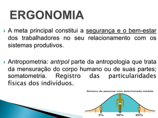  A meta principal constitui a segurança e o bem-estar
dos trabalhadores no seu relacionamento com os
sistemas produtivos.
 Antropometria: antrpol parte da antropologia que trata
da mensuração do corpo humano ou de suas partes;
somatometria. Registro das particularidades
físicas dos indivíduos.
 