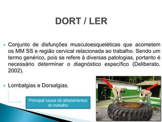  Conjunto de disfunções musculoesqueléticas que acometem
os MM SS e região cervical relacionada ao trabalho. Sendo um
termo genérico, pois se refere à diversas patologias, portanto é
necessário determinar o diagnóstico específico (Deliberato,
2002).
 Lombalgias e Dorsalgias.
Principal causa de afastamentos
do trabalho
 