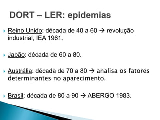  Reino Unido: década de 40 a 60  revolução
industrial, IEA 1961.
 Japão: década de 60 a 80.
 Austrália: década de 70 a 80  analisa os fatores
determinantes no aparecimento.
 Brasil: década de 80 a 90  ABERGO 1983.
 