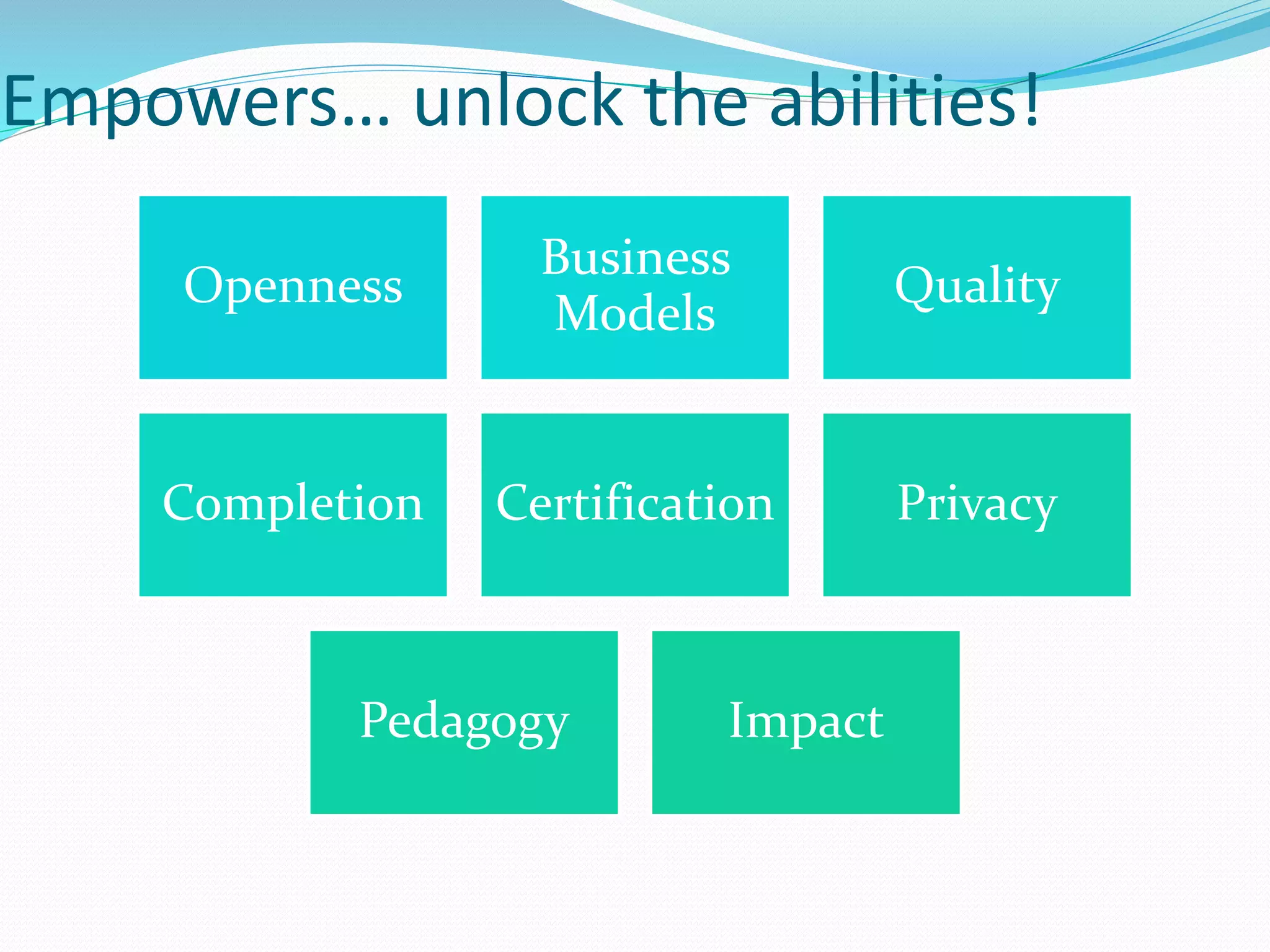 Empowers… unlock the abilities!
Openness
Business
Models
Quality
Completion Certification Privacy
Pedagogy Impact
 