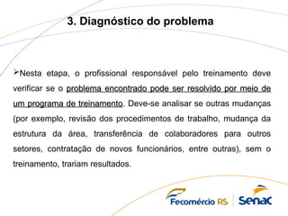 3. Diagnóstico do problema
Nesta etapa, o profissional responsável pelo treinamento deve
verificar se o problema encontrado pode ser resolvido por meio de
problema encontrado pode ser resolvido por meio de
um programa de treinamento
um programa de treinamento. Deve-se analisar se outras mudanças
(por exemplo, revisão dos procedimentos de trabalho, mudança da
estrutura da área, transferência de colaboradores para outros
setores, contratação de novos funcionários, entre outras), sem o
treinamento, trariam resultados.
 