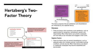 Hertzberg's Two-
Factor Theory
This theory proposes that job satisfaction and dissatisfaction
are influenced by two separate factors.
Motivators
• These are factors that contribute to job satisfaction, such as
opportunities for recognition, achievement, growth, and
responsibility. When these factors are present, employees
are more likely to be motivated and engaged in their work.
Hygiene Factors
• These are factors that can prevent dissatisfaction, such as
adequate salary, fair company policies, comfortable working
conditions, and job security. When these factors are absent
or inadequate, employees may become dissatisfied and
demotivated.
This Photo by Unknown Author is licensed under CC BY-NC-ND
 