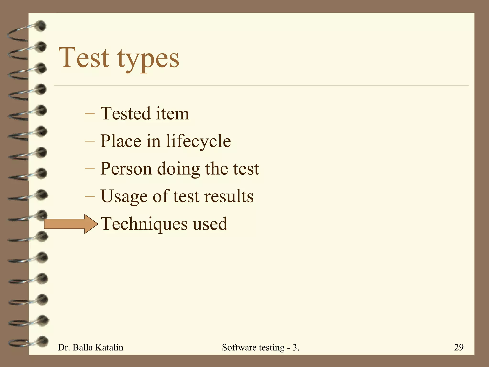 Test types Tested item Place in lifecycle  Person doing the test Usage of test results Techniques used 