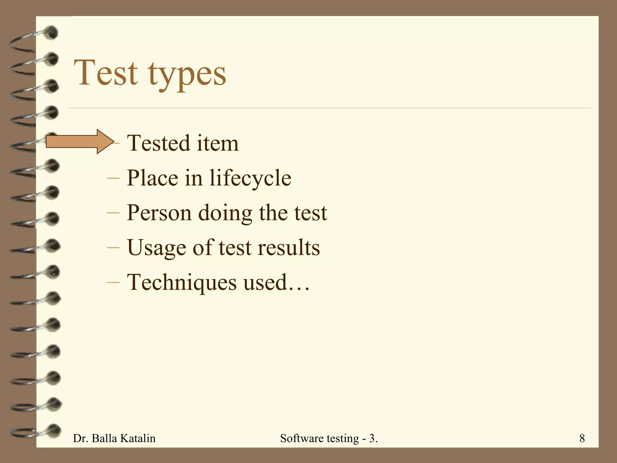 Test types Tested item Place in lifecycle  Person doing the test Usage of test results Techniques used… 