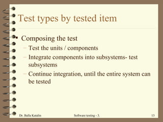 Composing the test Test the units / components Integrate components into subsystems- test subsystems Continue integration, until the entire system can be tested  Test types by tested item 
