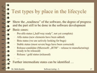 Test types by place in the lifecycle Show the „readiness” of the software, the degree of progress and the part still to be done in the software development Basic cases: Pre-alfa status („half-way ready”, not yet complete)  Alfa status (new elements have been added) Beta status (we are actively looking for bugs) Stable status (most severe bugs have been corrected)  Release-candidate (Microsoft: „RTM” – release to manufacturing) (ready to be released) Release / gold status (released) … Further intermediate states can be identified … 