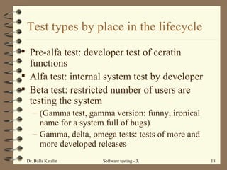 Test types by place in the lifecycle Pre-alfa test: developer test of ceratin functions Alfa test: internal system test by developer  Beta test: restricted number of users are testing the system (Gamma test, gamma version: funny, ironical name for a system full of bugs)  Gamma, delta, omega tests: tests of more and more developed releases 