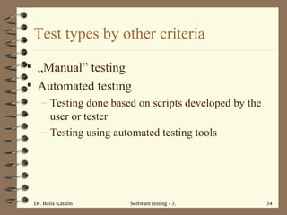 Test types by other criteria „Manual” testing Automated testing Testing done based on scripts developed by the user or tester Testing using automated testing tools 