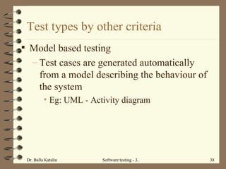 Test types by other criteria Model based testing Test cases are generated automatically from a model describing the behaviour of the system  Eg: UML - Activity diagram 