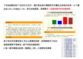 下面這個網站除了告訴你吉/兇外，還計算這個手機號對你的屬性加乘後的結果，以下圖
為例 15%~17%增加了 2%，所以也就是說，我想要多一些屬性數字的幸運號碼：
為了找出符合屬性值 6 次以上號碼的記錄，找到眼都花了@@，
這樣刷網頁不是辦法…接下來該怎麼做呢?:
1.每一個手機號去試每一個網站…OR… 2.發揮你的專業
 