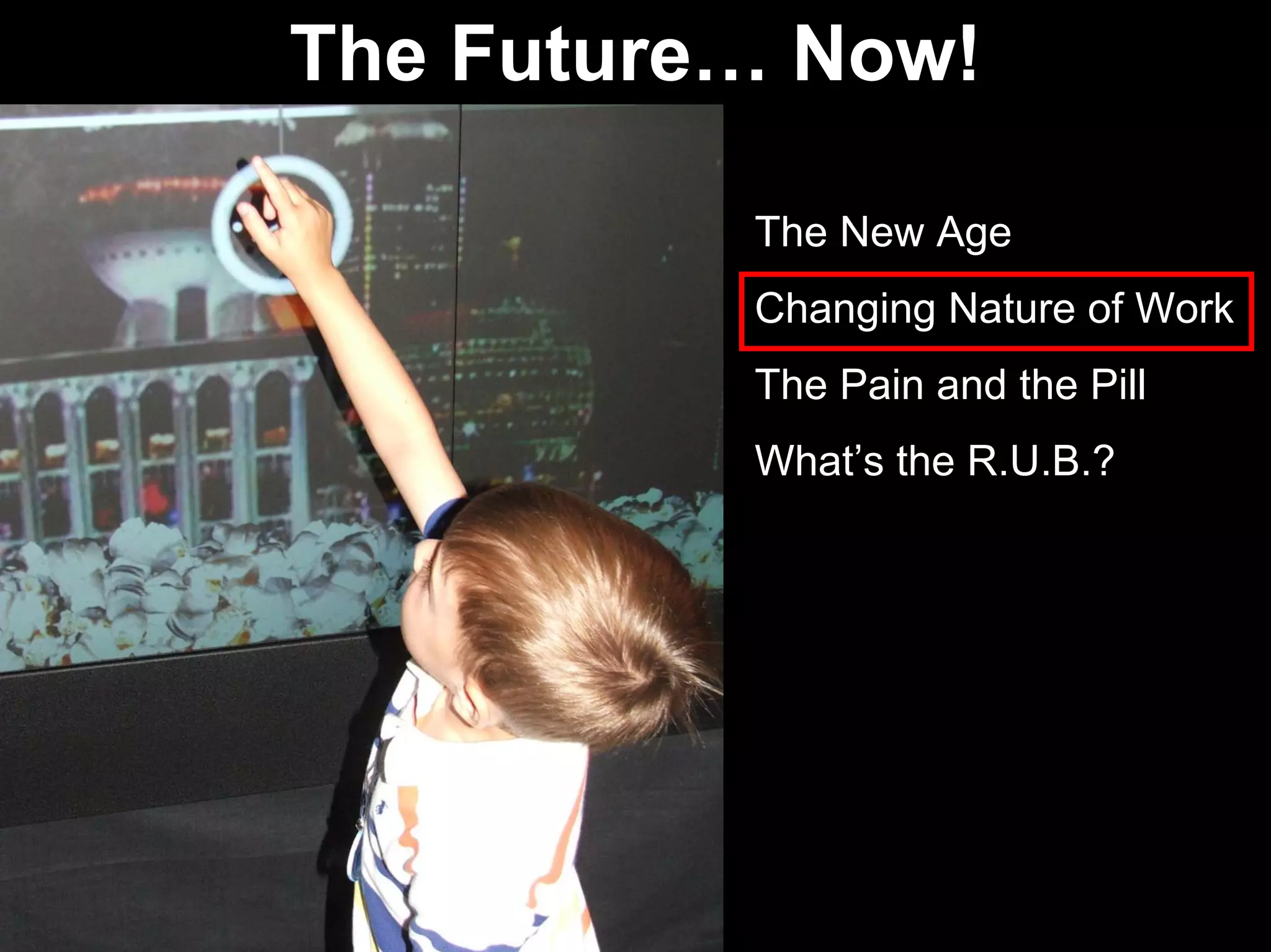 The New Age
Changing Nature of Work
The Pain and the Pill
What’s the R.U.B.?
The Future… Now!
 