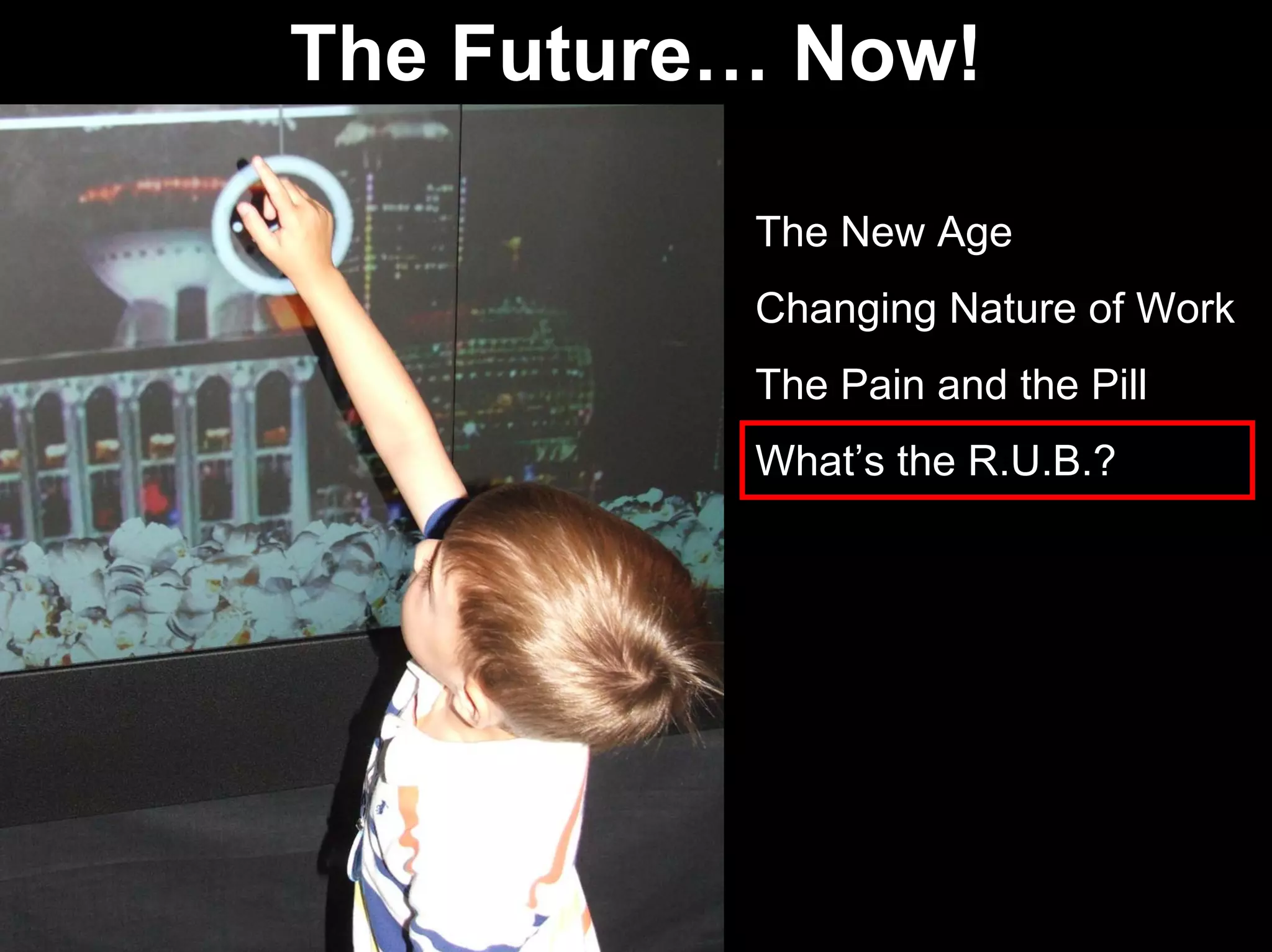 The New Age
Changing Nature of Work
The Pain and the Pill
What’s the R.U.B.?
The Future… Now!
 
