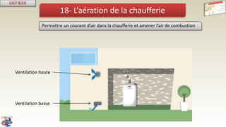 18- L’aération de la chaufferie
Permettre un courant d’air dans la chaufferie et amener l’air de combustion
Ventilation basse
Ventilation haute
 