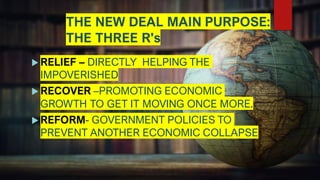 THE NEW DEAL MAIN PURPOSE:
THE THREE R's
 RELIEF – DIRECTLY HELPING THE
IMPOVERISHED
 RECOVER –PROMOTING ECONOMIC
GROWTH TO GET IT MOVING ONCE MORE.
 REFORM- GOVERNMENT POLICIES TO
PREVENT ANOTHER ECONOMIC COLLAPSE
 