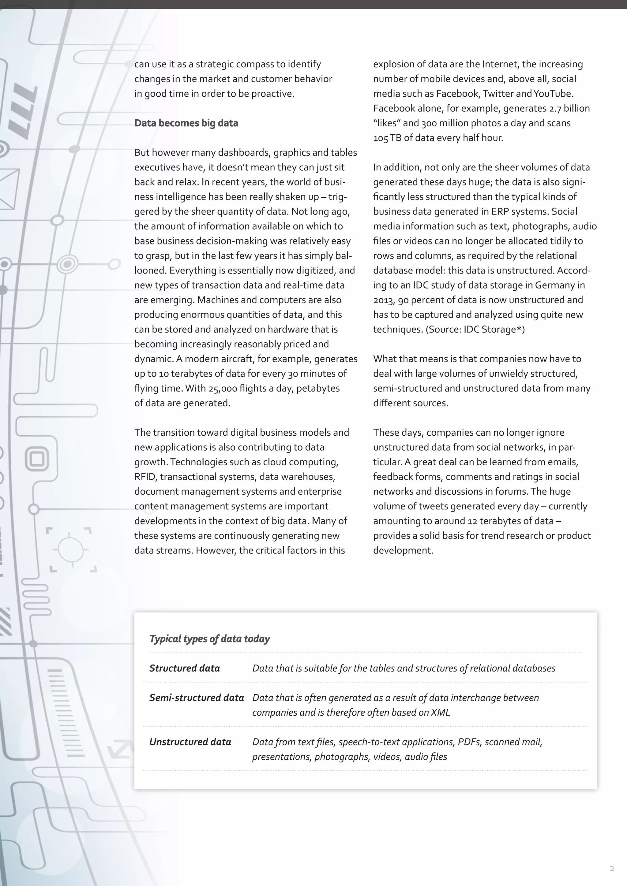 2
can use it as a strategic compass to identify
­changes in the market and customer behavior
in good time in order to be proactive.
Data becomes big data
But however many dashboards, graphics and tables
executives have, it doesn’t mean they can just sit
back and relax. In recent years, the world of busi-
ness intelligence has been really shaken up – trig-
gered by the sheer quantity of data. Not long ago,
the amount of information available on which to
base business decision-making was relatively easy
to grasp, but in the last few years it has simply bal-
looned. Everything is essentially now digitized, and
new types of transaction data and real-time data
are emerging. Machines and computers are also
producing enormous quantities of data, and this
can be stored and analyzed on hardware that is
­becoming increasingly reasonably priced and
­dynamic. A modern aircraft, for example, generates
up to 10 terabytes of data for every 30 minutes of
flying time.With 25,000 flights a day, petabytes
of data are generated.
The transition toward digital business models and
new applications is also contributing to data
growth.Technologies such as cloud computing,
RFID, transactional systems, data warehouses,
­document management systems and enterprise
content management systems are important
­de­velopments in the context of big data. Many of
these systems are continuously generating new
data streams. However, the critical factors in this
explosion of data are the Internet, the increasing
number of mobile devices and, above all, social
­media such as Facebook,Twitter andYouTube.
Facebook alone, for example, generates 2.7 billion
“likes” and 300 million photos a day and scans
105 TB of data every half hour.
In addition, not only are the sheer volumes of data
generated these days huge; the data is also signi­
ficantly less structured than the typical kinds of
business data generated in ERP systems. Social
­media information such as text, photographs, audio
files or videos can no longer be allocated tidily to
rows and columns, as required by the relational
­database model: this data is unstructured. Accord-
ing to an IDC study of data storage in Germany in
2013, 90 percent of data is now unstructured and
has to be captured and analyzed using quite new
­techniques. (Source: IDC Storage*)
What that means is that companies now have to
deal with large volumes of unwieldy structured,
semi-structured and unstructured data from many
different sources.
These days, companies can no longer ignore
­unstructured data from social networks, in par­
ticular. A great deal can be learned from emails,
feedback forms, comments and ratings in social
networks and discussions in forums.The huge
­volume of tweets generated every day – currently
amounting to around 12 terabytes of data –
­provides a solid ­basis for trend research or product
development.
Typical types of data today
Structured data	Data that is suitable for the tables and structures of relational databases
Semi-structured data	Data that is often generated as a result of data interchange between
­companies and is therefore often based on XML
Unstructured data	 Data from text files, speech-to-text applications, PDFs, scanned mail,
­presentations, photographs, videos, audio files
 