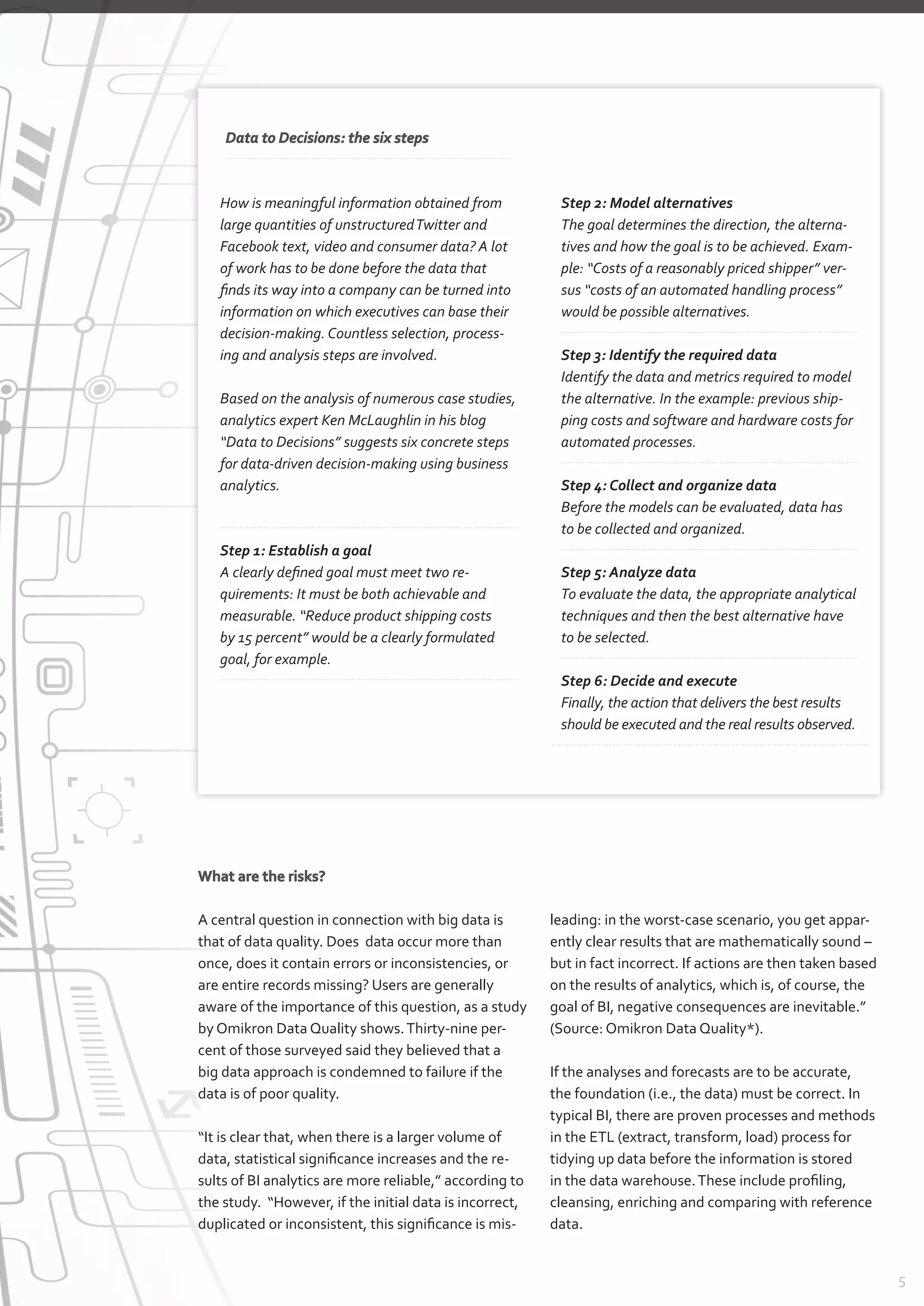 5
How is meaningful information obtained from
large quantities of unstructuredTwitter and
Facebook text, video and consumer data? A lot
of work has to be done before the data that
finds its way into a company can be turned into
information on which executives can base their
decision-making. Countless selection, process-
ing and analysis steps are involved.
Based on the analysis of numerous case studies,
analytics expert Ken McLaughlin in his blog
“Data to Decisions” suggests six concrete steps
for data-driven decision-making using business
analytics.
Step 1: Establish a goal
A clearly defined goal must meet two re­
quirements: It must be both achievable and
measurable. “Reduce product shipping costs
by 15 percent” would be a clearly formulated
goal, for example.
Step 2: Model alternatives
The goal determines the direction, the alterna-
tives and how the goal is to be achieved. Exam-
ple: “Costs of a reasonably priced shipper” ver-
sus “costs of an automated handling process”
would be possible alternatives.
Step 3: Identify the required data
Identify the data and metrics required to model
the alternative. In the example: previous ship-
ping costs and software and hardware costs for
automated processes.
Step 4: Collect and organize data
Before the models can be evaluated, data has
to be collected and organized.
Step 5: Analyze data
To evaluate the data, the appropriate analytical
techniques and then the best alternative have
to be selected.
Step 6: Decide and execute
Finally, the action that delivers the best results
should be executed and the real results observed.
What are the risks?
A central question in connection with big data is
that of data quality. Does data occur more than
once, does it contain errors or inconsistencies, or
are entire records missing? Users are generally
aware of the importance of this question, as a study
by Omikron Data Quality shows.Thirty-nine per-
cent of those surveyed said they believed that a
big data approach is condemned to failure if the
data is of poor quality.
“It is clear that, when there is a larger volume of
data, statistical significance increases and the re-
sults of BI analytics are more reliable,” according to
the study. “However, if the initial data is incorrect,
duplicated or inconsistent, this significance is mis-
leading: in the worst-case scenario, you get appar-
ently clear results that are mathematically sound –
but in fact incorrect. If actions are then taken based
on the results of analytics, which is, of course, the
goal of BI, negative consequences are inevitable.”
(Source: Omikron Data Quality*).
If the analyses and forecasts are to be accurate,
the foundation (i.e., the data) must be correct. In
typical BI, there are proven processes and methods
in the ETL (extract, transform, load) process for
­tidying up data before the information is stored
in the data warehouse.These include profiling,
cleansing, enriching and comparing with reference
data.
Data to Decisions: the six steps
 
