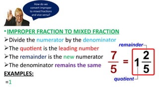 •IMPROPER FRACTION TO MIXED FRACTION
Divide the numerator by the denominator
The quotient is the leading number
The remainder is the new numerator
The denominator remains the same
EXAMPLES:
=1
How do we
convert improper
to mixed fractions
and vice versa?
 