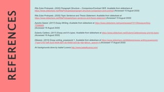 REFERENCES
Rita Zuba Prokopetz. (2020) Paragraph Structure – Comparison/Contrast OER. Available from slideshare at
https://www.slideshare.net/RitaProkopetz/paragraph-structure-comparison-and-contrast (Accessed 15 August 2020)
Rita Zuba Prokopetz. (2020) Topic Sentence and Thesis Statement. Available from slideshare at
https://www.slideshare.net/RitaProkopetz/topic-sentence-and-thesis-statement (Accessed 15 August 2020)
Ayesha Saeed. (2017) Essay-Writing. Available from slideshare at https://www.slideshare.net/ayeshasaeed731135/essaywriting-
72586985
(Accessed 16 August 2020)
Duberly Caldera. (2017) Essay and it’s types. Available from slideshare at https://www.slideshare.net/DuberlyCaldera/essay-and-its-types
(Accessed 16 August 2020)
Dbbanjo. (2010) Essay writing_powerpoint 1. Available from slideshare at https://www.slideshare.net/dbbbanjo/essay-writing-powerpoint-
1?qid=31671bff-3cd3-4006-9af1-62194851af31&v=&b=&from_search=4 (Accessed 17 August 2020)
Art backgrounds done by Isabel Lucena http://www.isabellucena.com/
 