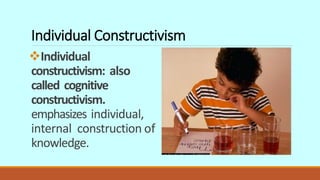 Individual Constructivism
Individual
constructivism: also
called cognitive
constructivism.
emphasizes individual,
internal construction of
knowledge.
 