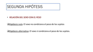 SEGUNDA HIPÓTESIS
• RELACIÓN DEL SEXO CON EL PESO
Hipótesis nula: El sexo no condiciona el peso de los sujetos
Hipótesis alternativa: El sexo sí condiciona el peso de los sujetos.
 