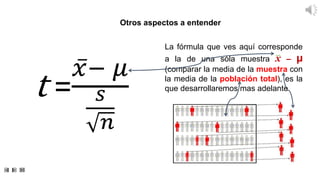 Otros aspectos a entender
La fórmula que ves aquí corresponde
a la de una sóla muestra x – µ
(comparar la media de la mues...