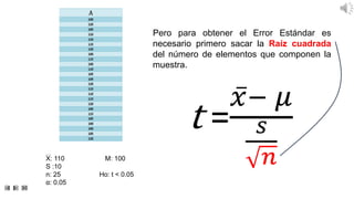 Pero para obtener el Error Estándar es
necesario primero sacar la Raíz cuadrada
del número de elementos que componen la
mu...