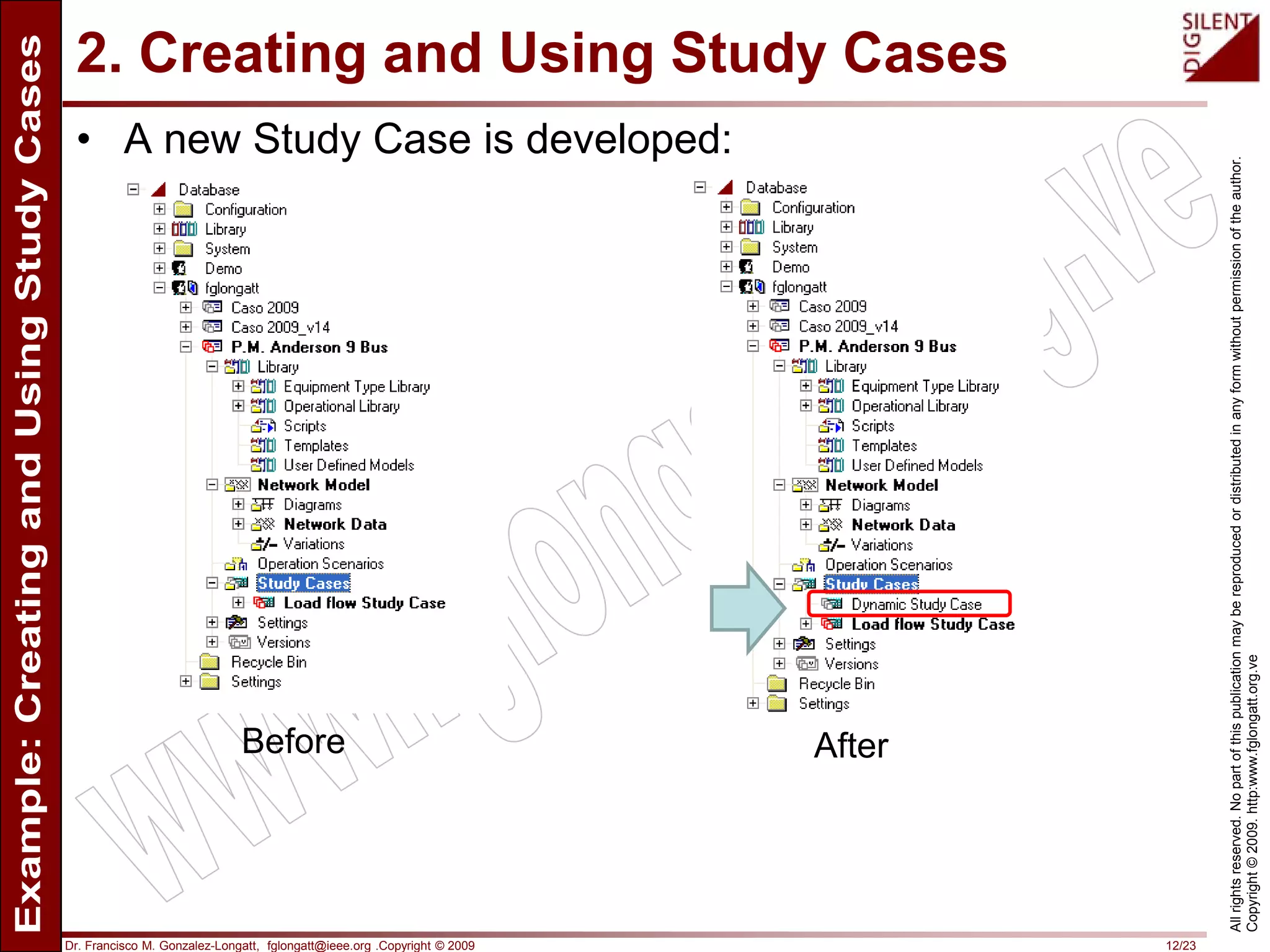 Dr. Francisco M. Gonzalez-Longatt, fglongatt@ieee.org .Copyright © 2009 12/23
Allrightsreserved.Nopartofthispublicationmaybereproducedordistributedinanyformwithoutpermissionoftheauthor.
Copyright©2009.http:www.fglongatt.org.ve
2. Creating and Using Study Cases
• A new Study Case is developed:
Before After
 