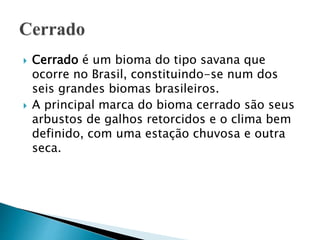 Cerrado é um bioma do tipo savana que
ocorre no Brasil, constituindo-se num dos
seis grandes biomas brasileiros.
 A principal marca do bioma cerrado são seus
arbustos de galhos retorcidos e o clima bem
definido, com uma estação chuvosa e outra
seca.
 