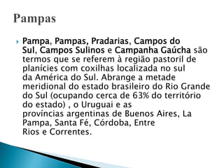  Pampa, Pampas, Pradarias, Campos do
Sul, Campos Sulinos e Campanha Gaúcha são
termos que se referem à região pastoril de
planícies com coxilhas localizada no sul
da América do Sul. Abrange a metade
meridional do estado brasileiro do Rio Grande
do Sul (ocupando cerca de 63% do território
do estado) , o Uruguai e as
províncias argentinas de Buenos Aires, La
Pampa, Santa Fé, Córdoba, Entre
Rios e Correntes.
 