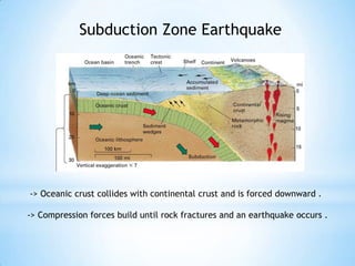 Subduction Zone Earthquake
-> Oceanic crust collides with continental crust and is forced downward .
-> Compression forces build until rock fractures and an earthquake occurs .
 