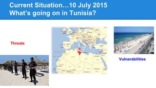 Current Situation…10 July 2015
What’s going on in Tunisia?
Threats
Vulnerabilities
 