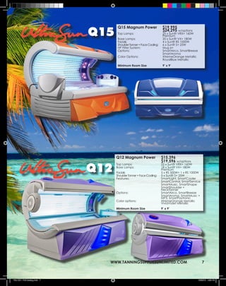Q15
                                      Q15 Magnum Power                   $19,995
                                                                         $24,295 w/options
                                      Top Lamps:                         25 x Sunfit VRX+ 160W
                                                                         Premium
                                      Base Lamps:                        20 x Sunfit VX+ 180W
                                      Facials:                           4 x Sunfit RS 1000W
                                      Shoulder Tanner + Face Cooling:    6 x Sunfit S+ 25W
                                      HP Filter System:                  Mug 6+
                                      Options:                           SmartAirco, SmartBreeze
                                                                         SmartAroma
                                      Color Options:                     XtremeOrange Metallic
                                                                         RoyalBlue Metallic
                                      Minimum Room Size                  9’ x 9’




                                     Q12 Magnum Power                   $15,396
                                                                        $19,596 w/options

                               Q12
                                     Top Lamps:                         22 x Sunfit VRX+ 160W
                                     Base Lamps:                        18 x Sunfit VX+ 180W
                                                                        Premium
                                     Facials:                           5 x RS 500W+ 1 x RS 1000W
                                     Shoulder Tanner + Face Cooling:    5 x Sunfit S+ 25W
                                     Features:                          SmartLight, SmartCooler
                                                                        SmartControl, SmartService
                                                                        SmartMusic, SmartShape
                                                                        SmartShoulder +
                                                                        NeckTanner
                                     Options:                           SmartAirco, SmartBreeze
                                                                        SmartAroma, SmartMusic +
                                                                        MP3, SmartPaytronic
                                     Color options:                     XtremeOrange Metallic
                                                                        VividViolet Metallic
                                     Minimum Room Size                  9’ x 9’




                                 WWW.TANNINGSUPPLIESUNLIMITED.COM                                     7



TSU 2011 Full Catalog.indd 7                                                                       12/22/10 4:39 PM
 