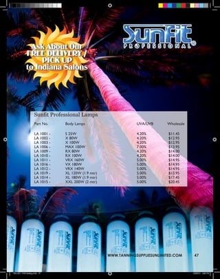 Sunfit Professional Lamps
                      Part No.    Body Lamps                      UVA/UVB      Wholesale

                      LA 1001 -   S 25W                           4.20%         $11.45
                      LA 1002 -   X 80W                           4.20%         $12.95
                      LA 1003 -   X 100W                          4.20%         $12.95
                      LA 1006 -   MAX 100W                        7.00%         $13.95
                      LA 1009 -   RX 80W                          4.20%         $14.00
                      LA 1010 -   RX 100W                         4.20%         $14.00
                      LA 1011 -   VRX 160W                        5.00%         $14.95
                      LA 1016 -   VX 180W                         5.00%         $14.95
                      LA 1012 -   VRX 140W                        5.00%         $14.95
                      LA 1019 -   XL 120W (1.9 mtr)               5.00%         $13.95
                      LA 1014 -   XL 180W (1.9 mtr)               5.00%         $17.45
                      LA 1015 -   XXL 200W (2 mtr)                5.00%         $20.45




                                                      WWW.TANNINGSUPPLIESUNLIMITED.COM      47



TSU 2011 Full Catalog.indd 47                                                              12/22/10 4:53 PM
 