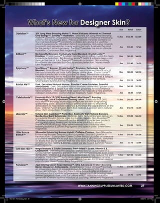 What’s New for Designer Skin?
                                                                                                                  Size    Retail   Salon

         Obsidian™              30X Long Wear Bronzing Matrix™, Warm Volcanic Minerals w/ Thermal
                                Geo-Energy™, SunStay™ Hydration. Enriched 30X Long Wear Bronzing                13.5oz   $126.00   $63.00
                                Matrix™ combines unparalleled bronzing power w/ stamina-enhancing
                                potency for long lasting glow. Precious volcanic minerals combine w/
                                Thermal Geo-Energy™ to instantly revitalize skin, giving it a youthful,
                                vibrant appearance. Obsidian Extract provides key anti-aging minerals
                                to smooth and rejuvenate. Luxury warms the body & relaxes the mind                .5oz    $15.25    $7.63
                                for the perfect instant getaway. SunStay™ swathes the skin in ultimate
                                hydration. Caribbean Mist Fragrance
         Brilliant™             Big Beautiful Bronzers, Exclusively Hand Blended, Crystal Lustre™
                                Emulsion. Crystal Lustre™ Emulsion tumbles skin in rolling crystals for deep,    10oz     $89.00   $44.50
                                immediate hydration. Big Bronzing Matrix™ builds & sustains deep color
                                through the use of Solar Strength™ melanin activators. Skin soothing
                                Biovitamins are blended by hand to ensure perfection. Honey Melon                 .5oz    $12.40    $6.20
                                Dew Fragrance.
         Epiphany™              SmatWave™ Bronzer, Crystal Lustre™ Emulsion, Exclusively Hand
                                Blended. SmartWave™ Bronzing System helps increase the efficacy of
                                the rays to amplify our color for a deeply divine glow. Crystal Lustre™          10oz     $85.00   $42.50
                                Emulsion tumbles skin in rolling crystals for deep, immediate hydration,
                                while rejuvenating skin to reduce the appearance of fine lines & fatigue.
                                Exclusively hand blended to preserve the integrity of the formula.
                                Champagne & Strawberries Fragrance.                                               .5oz    $12.10    $6.05

         Ravish Me™             Dark, Decadent Natural Bronzer, Kissable Creme Foutetee, Essential
                                Antioxidants. Dark, Decadent Natural Bronzers deliver flirty, golden color.      10oz     $62.00   $31.00
                                Exotic raspberries & apple fuse into sweet goodness for a scrumptious
                                taste sensation. Antioxidants fend against free radicals & help promote
                                collagen production. Exotic Orange Raspberry Fusion Fragrance.                    .5oz     $8.50    $4.25

         Celebutante™           Famously Rich 19 (XIX) Bronzing Blend, Must Have™ Bronzing
                                Technology, Juice E-volution® Tanning Lotion. Famously Rich (XIX)               13.5oz    $92.00   $46.00
                                Must Have™ Bronzing Technology enraptures skin with long-lasting,
                                spellbinding color. Exclusive Maqui berries lavish skin w/ smoothing
                                antioxidants to help restore radiance & minimize the appearance of fine
                                lines. Vitamin Punch Infusion fights free radicals & protect skin’s natural       .5oz    $12.10    $6.05
                                glow. Rich Maqui Berry Fragrance.
         Liberate™              Natural Skin Guardian™ Protection, Radically Dark Natural Bronzers,
                                Gentle Cool Burst Botanicals. Radically Dark Natural Bronzers deliver an        13.5oz    $73.00   $36.50
                                immediate boost in bronze color for stunning results. Skin Guardian™
                                Complex, an extract derived from the leaves of candle tree, protects
                                skin against aging, freeing you to look more youthful & vibrant.
                                StandOut™ Technology helps relive melanin from oxidation stress,                  5oz     $10.25    $5.13
                                restoring balance & protecting against any fade in color. Sweet Berry
                                Fragrance.
         Little Bronze          Silhouette Enhancing Bronzer Hybrid, Caffeine Couture. Sexy Silhouette
         B!@tch™                Enhancing Bronzers deepen color to a perfect bronzed glow for a                  8.5oz    $52.00   $26.00
                                fabulous look. Super potent Green Coffee Extract provides an overdose
                                of caffeine helping skin to look taut, touchable & silky smooth. Enriched
                                w/ exotic fruit oils for soft skin that not only looks stunning but feels
                                sensational too. Skinny & bronze...need we say more? Summer Passion               .5oz     $7.75    $3.88
                                Fruit Fragrance.
         Just say YES!™         Mega Bronzers & Subtle Shimmers, Fresh Intent™ Scent, Vitamin E &
                                Chamomile. Delivering the deepest, darkest bronze achievable in a
                                sunless tanner. Luxurious, paraben-free, satin formula ensures even color
                                distribution. Vitamin E & chamomile protect skin to help reduce the signs        4.5oz    $27.00   $13.50
                                of aging. Fresh Intent™ Technology helps ensure an odorless tanning
                                experience. Apply generously over already tan skin for an even deeper
                                pop of color. Fresh Passion Berry Fragrance.
         Pandora™               Age Defying Secret Hope Mimosa™, Ultra Advanced 14 (XIV) Bronzing
                                Blend, Infused w/ Antioxidants. Envied Secret Hope Mimosa™ contains             13.5oz    $72.00   $36.00
                                an intoxicating blend of minerals known to help rejuvenate and
                                restore skin’s image. Stunning French Wine Extracts offer an infusion of
                                antioxidants for a youthful appearance. Advanced 14X bronzing blend
                                delivers gorgeous, dark color for brilliant effect. Absolute hydration            .5oz     $9.95    $4.98
                                generates & retains optimal moisture all day long. Wineberry Fragrance.


                                                                         WWW.TANNINGSUPPLIESUNLIMITED.COM                                27



TSU 2011 Full Catalog.indd 27                                                                                                           12/22/10 4:47 PM
 