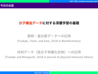[Tsubaki, Tomii, and Sese, 2018 in Bioinformatics]
[Tsubaki and Mizoguchi, 2018 in Journal of physical chemistry letters]
AIST AIRC machine learning team
Masashi Tsubaki
 