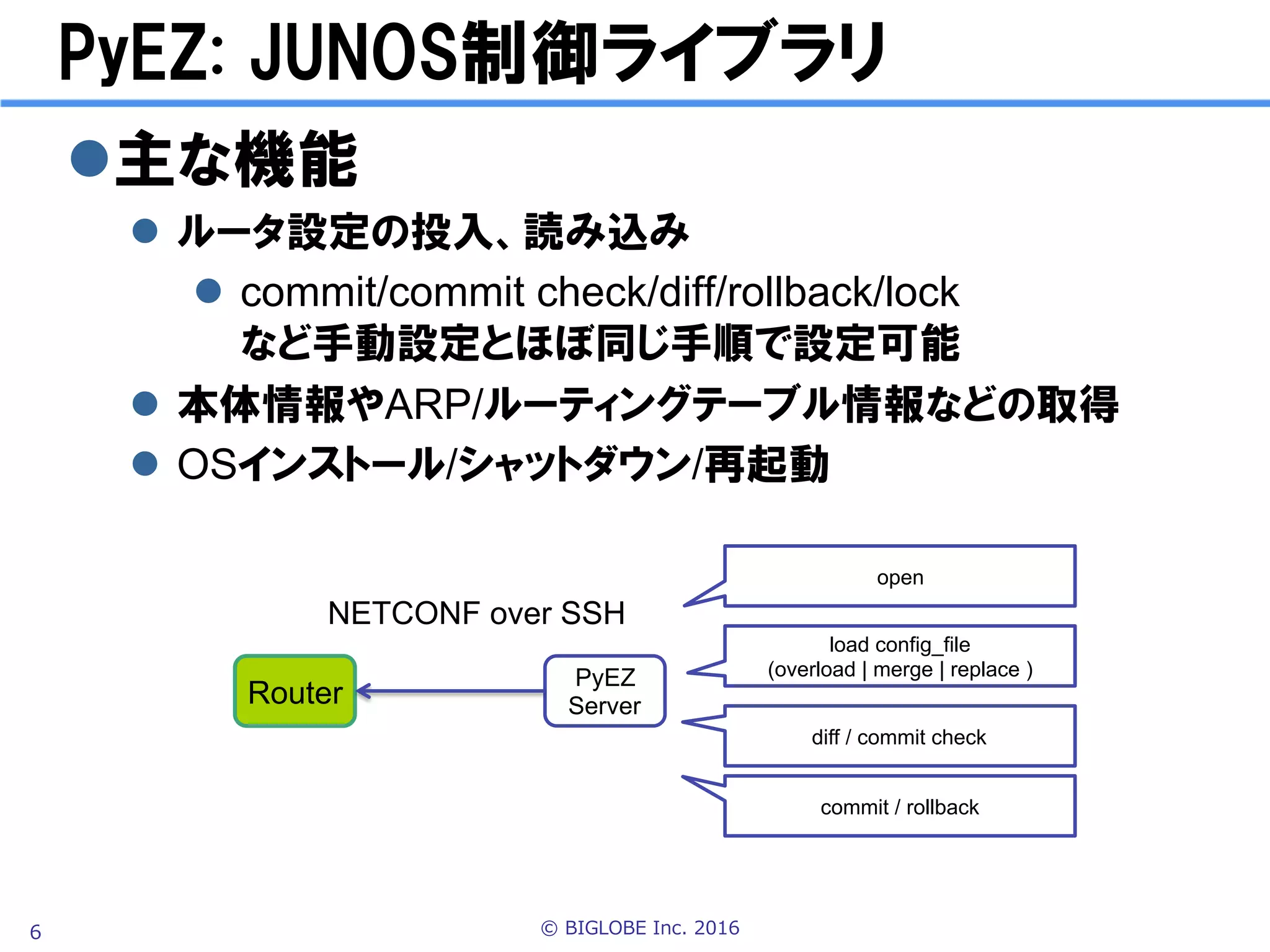 © BIGLOBE Inc. 20166
PyEZ: ルータ設定ライブラリ
l 主な機能
l  ルータ設定の投入、読み込み
l  load / commit / commit check / diff / rollback / lock
など手動設定とほぼ同じ機能が利用可能
l  本体情報やARP/ルーティングテーブル情報などの取得
l  OSインストール/シャットダウン/再起動
Router
PyEZ
Server
NETCONF over SSH
open
load config_file
(overload | merge | replace )
diff / commit check
commit / rollback
 