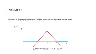 ПРИМЕР 1
Выписать формулу функции, график которой изображен на рисунке:
𝜇 𝐴 𝑥
1
32 4 x
𝑥 − 2 , 4 − 𝑥min{ }𝜇 𝐴 𝑥 = max{ , 0}
 