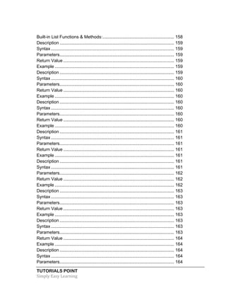 TUTORIALS POINT	
  
Simply	
  Easy	
  Learning	
  
Built-in List Functions & Methods:.......................................................... 158	
  
Description ............................................................................................. 159	
  
Syntax .................................................................................................... 159	
  
Parameters............................................................................................. 159	
  
Return Value .......................................................................................... 159	
  
Example ................................................................................................. 159	
  
Description ............................................................................................. 159	
  
Syntax .................................................................................................... 160	
  
Parameters............................................................................................. 160	
  
Return Value .......................................................................................... 160	
  
Example ................................................................................................. 160	
  
Description ............................................................................................. 160	
  
Syntax .................................................................................................... 160	
  
Parameters............................................................................................. 160	
  
Return Value .......................................................................................... 160	
  
Example ................................................................................................. 160	
  
Description ............................................................................................. 161	
  
Syntax .................................................................................................... 161	
  
Parameters............................................................................................. 161	
  
Return Value .......................................................................................... 161	
  
Example ................................................................................................. 161	
  
Description ............................................................................................. 161	
  
Syntax .................................................................................................... 161	
  
Parameters............................................................................................. 162	
  
Return Value .......................................................................................... 162	
  
Example ................................................................................................. 162	
  
Description ............................................................................................. 163	
  
Syntax .................................................................................................... 163	
  
Parameters............................................................................................. 163	
  
Return Value .......................................................................................... 163	
  
Example ................................................................................................. 163	
  
Description ............................................................................................. 163	
  
Syntax .................................................................................................... 163	
  
Parameters............................................................................................. 163	
  
Return Value .......................................................................................... 164	
  
Example ................................................................................................. 164	
  
Description ............................................................................................. 164	
  
Syntax .................................................................................................... 164	
  
Parameters............................................................................................. 164	
  
 