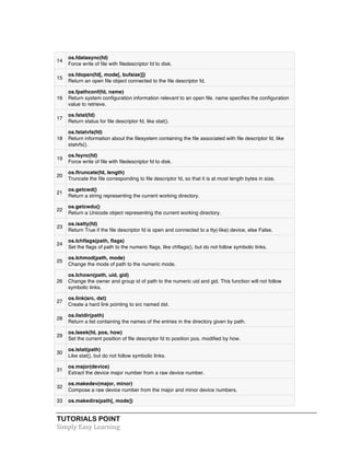 TUTORIALS POINT	
  
Simply	
  Easy	
  Learning	
  
14
os.fdatasync(fd)
Force write of file with filedescriptor fd to disk.
15
os.fdopen(fd[, mode[, bufsize]])
Return an open file object connected to the file descriptor fd.
16
os.fpathconf(fd, name)
Return system configuration information relevant to an open file. name specifies the configuration
value to retrieve.
17
os.fstat(fd)
Return status for file descriptor fd, like stat().
18
os.fstatvfs(fd)
Return information about the filesystem containing the file associated with file descriptor fd, like
statvfs().
19
os.fsync(fd)
Force write of file with filedescriptor fd to disk.
20
os.ftruncate(fd, length)
Truncate the file corresponding to file descriptor fd, so that it is at most length bytes in size.
21
os.getcwd()
Return a string representing the current working directory.
22
os.getcwdu()
Return a Unicode object representing the current working directory.
23
os.isatty(fd)
Return True if the file descriptor fd is open and connected to a tty(-like) device, else False.
24
os.lchflags(path, flags)
Set the flags of path to the numeric flags, like chflags(), but do not follow symbolic links.
25
os.lchmod(path, mode)
Change the mode of path to the numeric mode.
26
os.lchown(path, uid, gid)
Change the owner and group id of path to the numeric uid and gid. This function will not follow
symbolic links.
27
os.link(src, dst)
Create a hard link pointing to src named dst.
28
os.listdir(path)
Return a list containing the names of the entries in the directory given by path.
29
os.lseek(fd, pos, how)
Set the current position of file descriptor fd to position pos, modified by how.
30
os.lstat(path)
Like stat(), but do not follow symbolic links.
31
os.major(device)
Extract the device major number from a raw device number.
32
os.makedev(major, minor)
Compose a raw device number from the major and minor device numbers.
33 os.makedirs(path[, mode])
 
