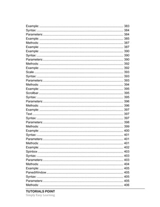 TUTORIALS POINT	
  
Simply	
  Easy	
  Learning	
  
Example: ................................................................................................ 383	
  
Syntax: ................................................................................................... 384	
  
Parameters:............................................................................................ 384	
  
Example: ................................................................................................ 385	
  
Methods: ................................................................................................ 387	
  
Example: ................................................................................................ 387	
  
Example: ................................................................................................ 390	
  
Syntax: ................................................................................................... 390	
  
Parameters:............................................................................................ 390	
  
Methods: ................................................................................................ 392	
  
Example: ................................................................................................ 392	
  
Scale ...................................................................................................... 393	
  
Syntax: ................................................................................................... 393	
  
Parameters:............................................................................................ 393	
  
Methods: ................................................................................................ 394	
  
Example: ................................................................................................ 395	
  
Scrollbar................................................................................................. 395	
  
Syntax: ................................................................................................... 395	
  
Parameters:............................................................................................ 396	
  
Methods: ................................................................................................ 396	
  
Example: ................................................................................................ 397	
  
Text ........................................................................................................ 397	
  
Syntax: ................................................................................................... 397	
  
Parameters:............................................................................................ 398	
  
Methods: ................................................................................................ 399	
  
Example: ................................................................................................ 400	
  
Syntax: ................................................................................................... 401	
  
Parameters:............................................................................................ 401	
  
Methods: ................................................................................................ 401	
  
Example: ................................................................................................ 402	
  
Spinbox .................................................................................................. 403	
  
Syntax: ................................................................................................... 403	
  
Parameters:............................................................................................ 403	
  
Methods: ................................................................................................ 404	
  
Example: ................................................................................................ 405	
  
PanedWindow........................................................................................ 405	
  
Syntax: ................................................................................................... 405	
  
Parameters:............................................................................................ 405	
  
Methods: ................................................................................................ 406	
  
 