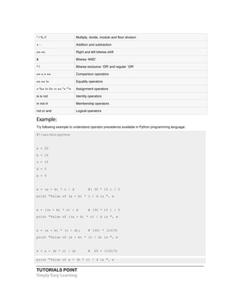 TUTORIALS POINT	
  
Simply	
  Easy	
  Learning	
  
* / % // Multiply, divide, modulo and floor division
+ - Addition and subtraction
>> << Right and left bitwise shift
& Bitwise 'AND'
^ | Bitwise exclusive `OR' and regular `OR'
<= < > >= Comparison operators
<> == != Equality operators
= %= /= //= -= += *= **= Assignment operators
is is not Identity operators
in not in Membership operators
not or and Logical operators
Example:	
  
Try following example to understand operator precedence available in Python programming language:
#!/usr/bin/python
a = 20
b = 10
c = 15
d = 5
e = 0
e = (a + b) * c / d #( 30 * 15 ) / 5
print "Value of (a + b) * c / d is ", e
e = ((a + b) * c) / d # (30 * 15 ) / 5
print "Value of ((a + b) * c) / d is ", e
e = (a + b) * (c / d); # (30) * (15/5)
print "Value of (a + b) * (c / d) is ", e
e = a + (b * c) / d; # 20 + (150/5)
print "Value of a + (b * c) / d is ", e
 