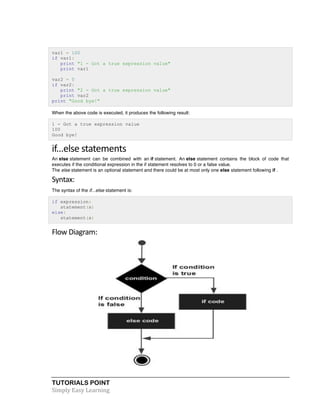 TUTORIALS POINT	
  
Simply	
  Easy	
  Learning	
  
var1 = 100
if var1:
print "1 - Got a true expression value"
print var1
var2 = 0
if var2:
print "2 - Got a true expression value"
print var2
print "Good bye!"
When the above code is executed, it produces the following result:
1 - Got a true expression value
100
Good bye!
if...else	
  statements	
  
An else statement can be combined with an if statement. An else statement contains the block of code that
executes if the conditional expression in the if statement resolves to 0 or a false value.
The else statement is an optional statement and there could be at most only one else statement following if .
Syntax:	
  
The syntax of the if...else statement is:
if expression:
statement(s)
else:
statement(s)
Flow	
  Diagram:	
  
 