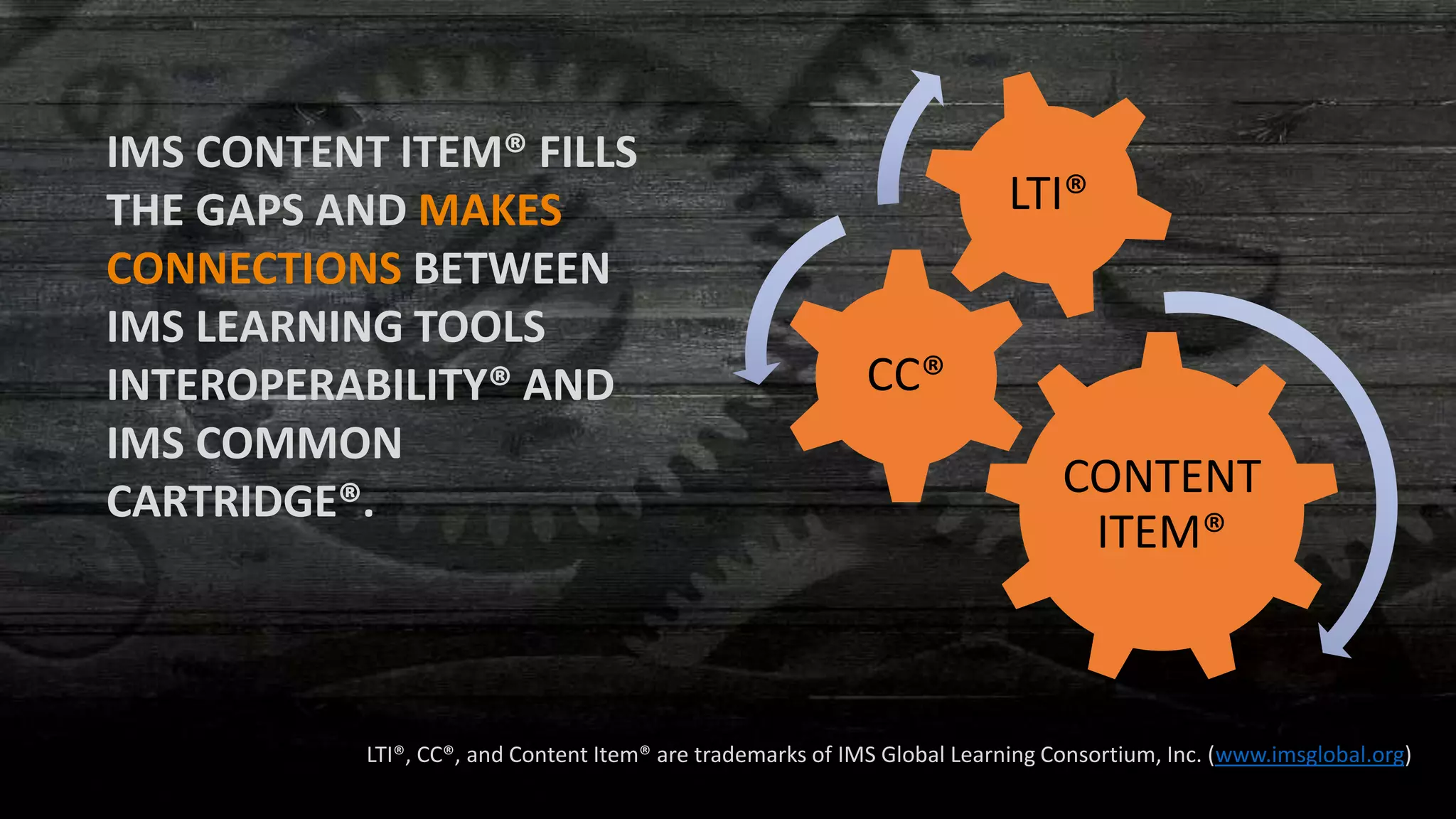 CONTENT
ITEM®
CC®
LTI®
IMS CONTENT ITEM® FILLS
THE GAPS AND MAKES
CONNECTIONS BETWEEN
IMS LEARNING TOOLS
INTEROPERABILITY® AND
IMS COMMON
CARTRIDGE®.
LTI®, CC®, and Content Item® are trademarks of IMS Global Learning Consortium, Inc. (www.imsglobal.org)