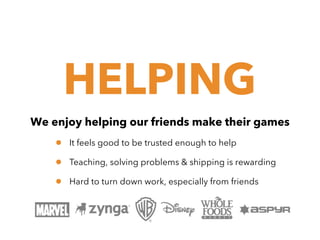 HELPING
We enjoy helping our friends make their games

•
•
•

It feels good to be trusted enough to help
Teaching, solving problems & shipping is rewarding
Hard to turn down work, especially from friends

 
