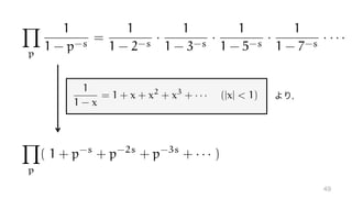 Y
p
1
1 - p-s
=
1
1 - 2-s
·
1
1 - 3-s
·
1
1 - 5-s
·
1
1 - 7-s
· · · ·
1
1 - x
= 1 + x + x2
+ x3
+ · · · (|x| < 1)
Y
p
( 1 + p-s
+ p-2s
+ p-3s
+ · · · )
 