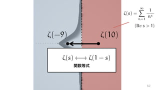 =
1X
n=1
1
ns
(Re s > 1)
⇣(10)
⇣(s) ! ⇣(1 - s)
⇣(-9)
⇣(s) = 1 +
1
2s
+
3
 