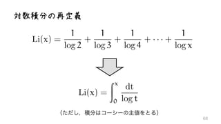 対数積分の再定義
Li(x) =
1
log 2
+
1
log 3
+
1
log 4
+ · · · +
1
log x
Li(x) =
Zx
0
dt
log t
 