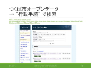 つくば市オープンデータ
→ “行政手続” で検索
https://www.city.tsukuba.lg.jp/cgi-
opd/opendata.cgi?category=0&ys=0&ms=0&ds=0&ye=0&me=0&de=0&text=%E8%A1%8C%E6%94%BF%E6%89%8B%E7%B6
%9A&format=0&license=0&group=0&sort=2#kekka
2019/5/17 CC BY 4.0 SAYOKO SHIMOYAMA, LINKDATA 10
 